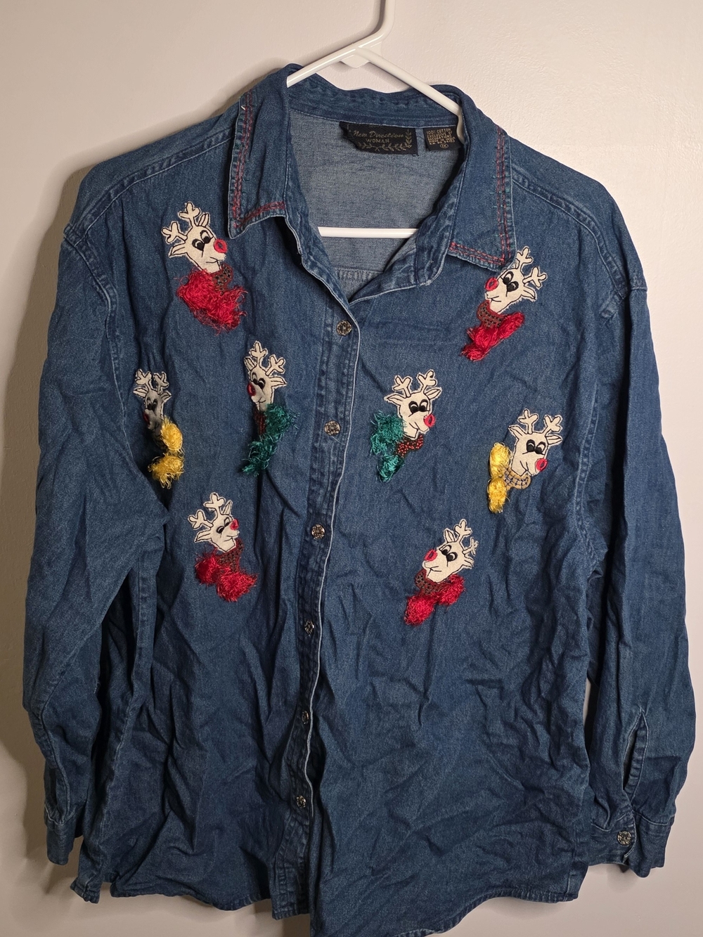 Vintage new directions Blue Denim Christmas Button Down Women's Shirt Sz 1XL